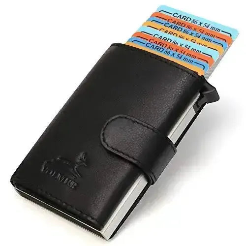 Estuche para tarjetas POP-UP de cuero – espacio para 11 tarjetas – compartimento para billetes – protección RFID | VO24