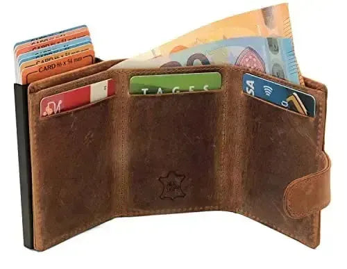 Estuche para tarjetas POP-UP de cuero – espacio para 11 tarjetas – compartimento para billetes – protección RFID | VO24