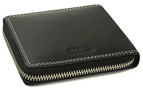 Cartera de cuero para hombre con protección RFID - cremallera perimetral - gran compartimento para monedas con soporte para ficha del carrito de la compra | VoZip
