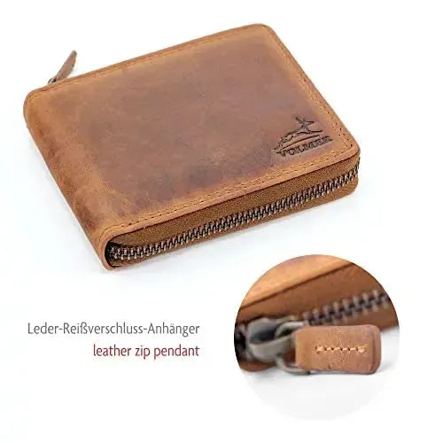 Cartera de cuero para hombre con protección RFID - cremallera perimetral - gran compartimento para monedas con soporte para ficha del carrito de la compra | VoZip