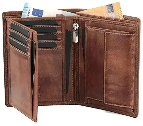Cartera de cuero para hombre con protección RFID - costura doble extra resistente - 11 compartimentos para tarjetas de crédito - formato vertical | VO39