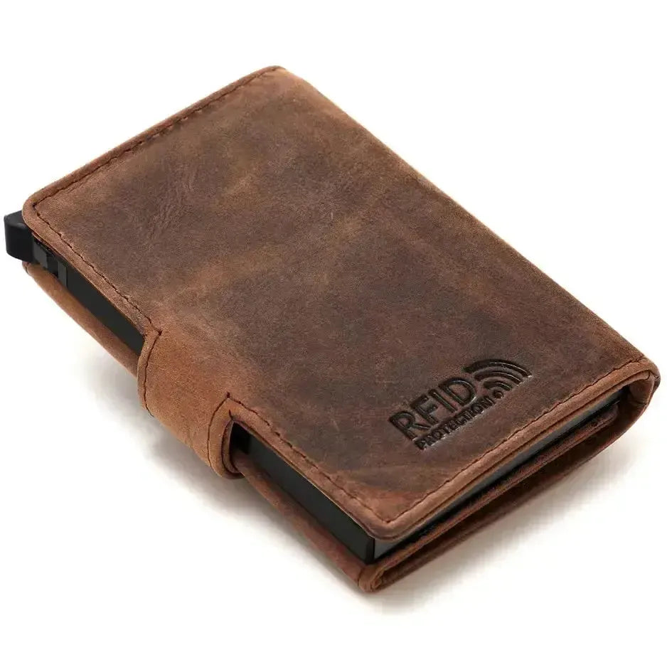 Estuche para tarjetas POP-UP de cuero – espacio para 11 tarjetas – compartimento para billetes – protección RFID | VO24