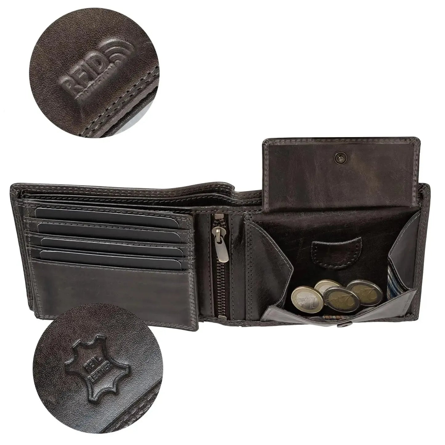 Cartera de cuero para hombre con protección RFID - costura doble extra resistente - 11 compartimentos para tarjetas de crédito | VO19B