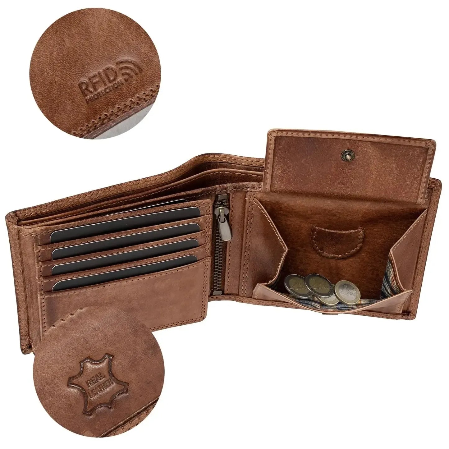 Cartera de cuero para hombre con protección RFID - costura doble extra resistente - 11 compartimentos para tarjetas de crédito | VO19B