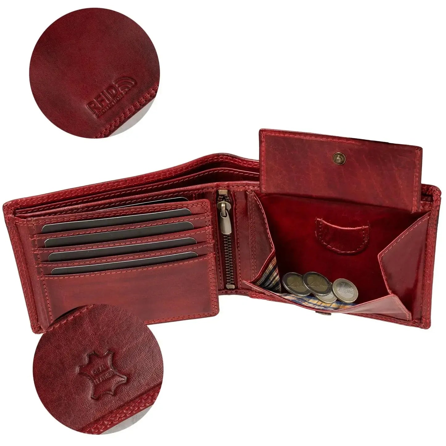 Cartera de cuero para hombre con protección RFID - costura doble extra resistente - 11 compartimentos para tarjetas de crédito | VO19B