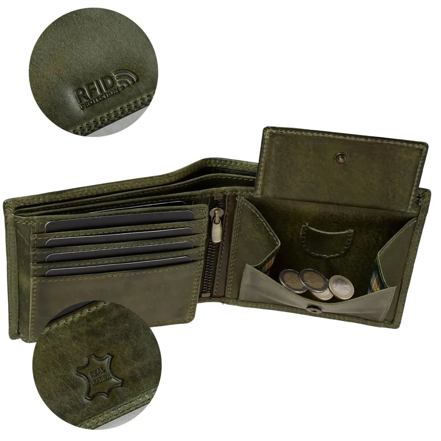 Cartera de cuero para hombre con protección RFID - costura doble extra resistente - 11 compartimentos para tarjetas de crédito | VO19B