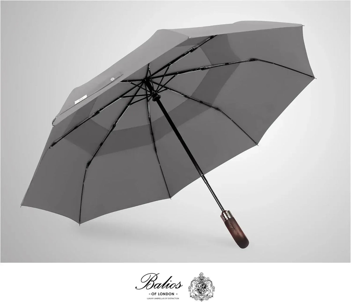 Automatik Taschen-Regenschirm mit Holzgriff – sturmfest & windsicher – Herren & Damen – Designed in Britain