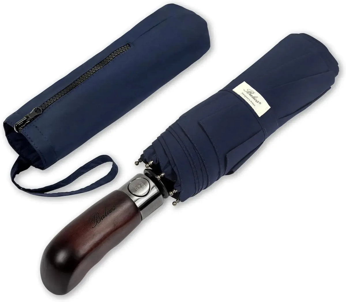 Automatik Taschen-Regenschirm mit Holzgriff – sturmfest & windsicher – Herren & Damen – Designed in Britain