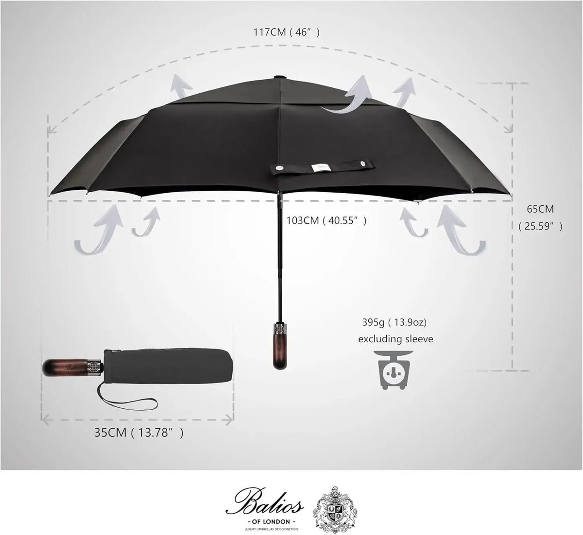 Automatik Taschen-Regenschirm mit Holzgriff – sturmfest & windsicher – Herren & Damen – Designed in Britain