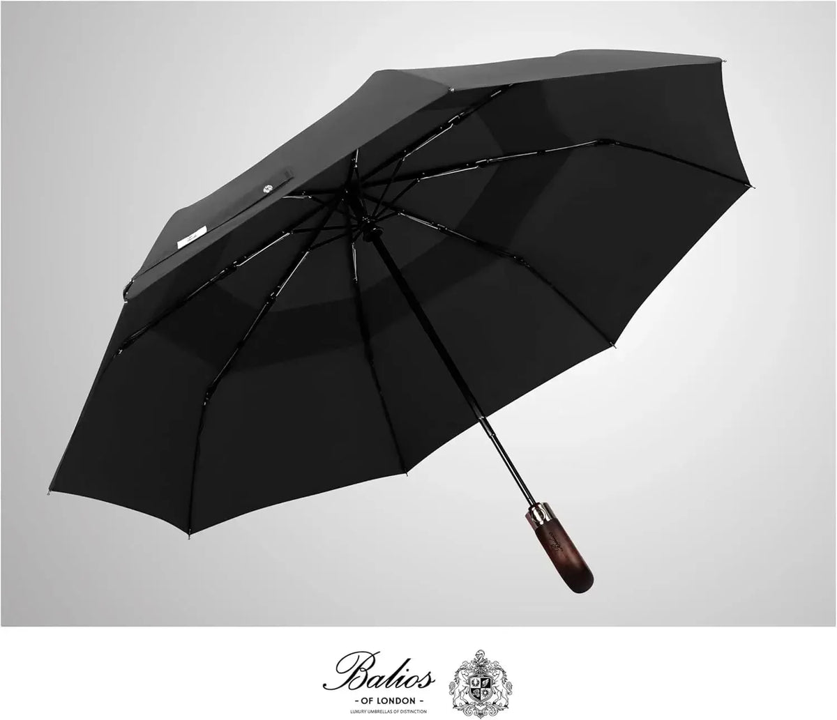 Automatik Taschen-Regenschirm mit Holzgriff – sturmfest & windsicher – Herren & Damen – Designed in Britain