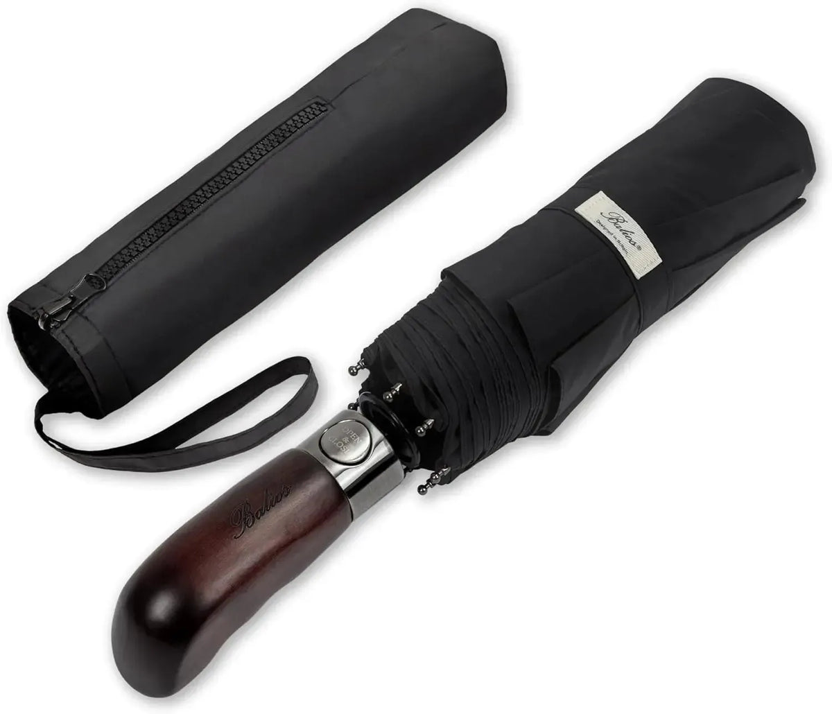 Automatik Taschen-Regenschirm mit Holzgriff – sturmfest & windsicher – Herren & Damen – Designed in Britain