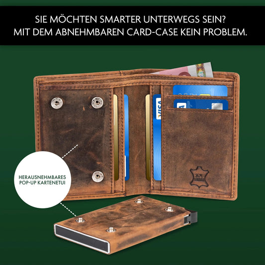 POP-UP Kartenetui mit Münzfach aus Leder – abnehmbares Karten-Etui – Platz für 13 Karten – Scheinfach – RFID-Schutz | VO28