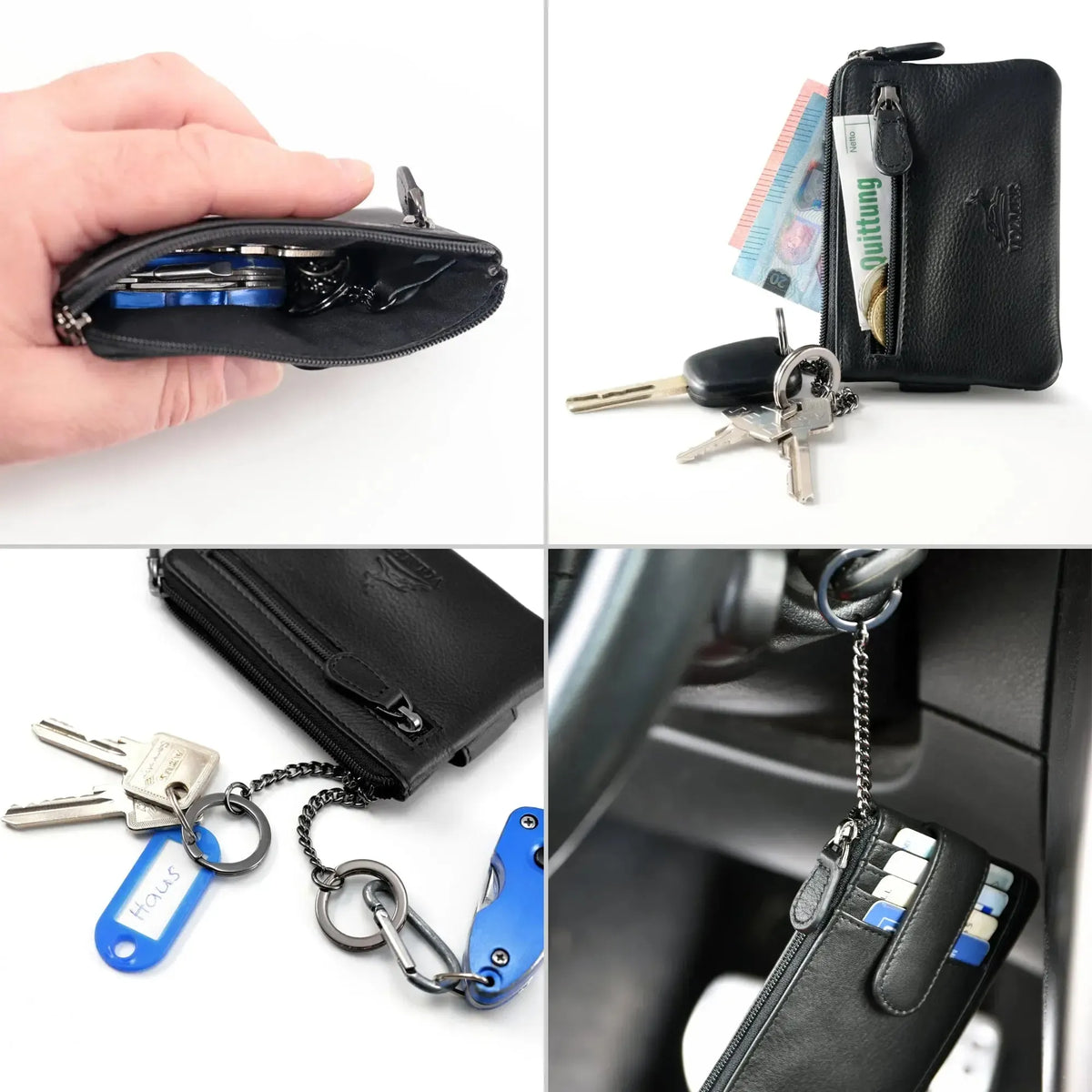 Schlüsseletui Leder mit 2 Schlüsselringen – 2 Fächer, Platz für 4 Karten mit RFID-Schutz – inkl. Geschenkbox | Keytcher