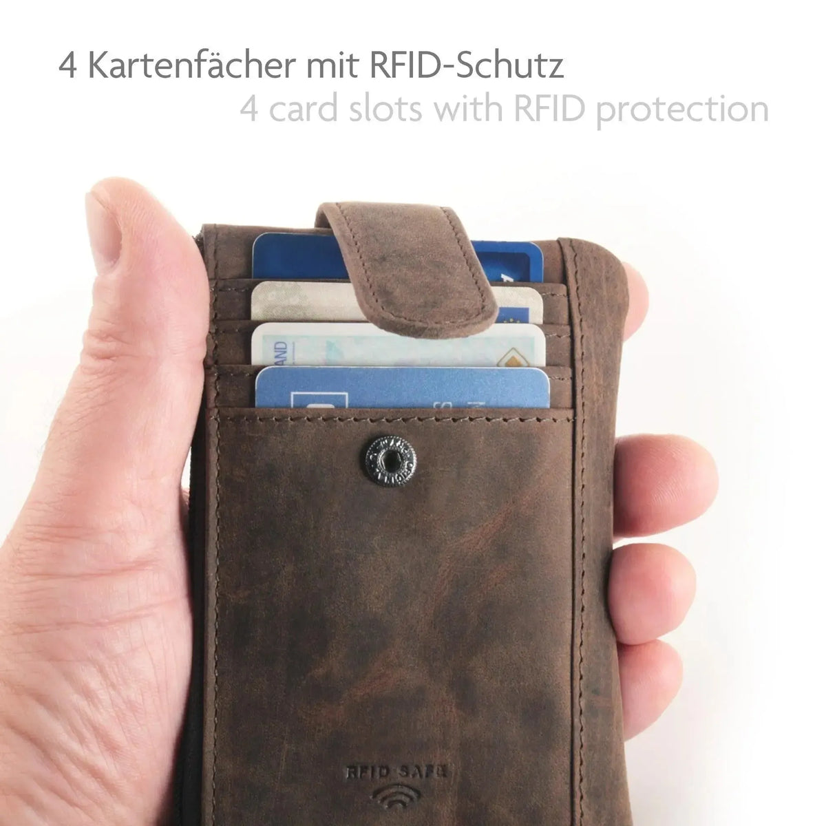 Schlüsseletui Leder mit 2 Schlüsselringen – 2 Fächer, Platz für 4 Karten mit RFID-Schutz – inkl. Geschenkbox | Keytcher