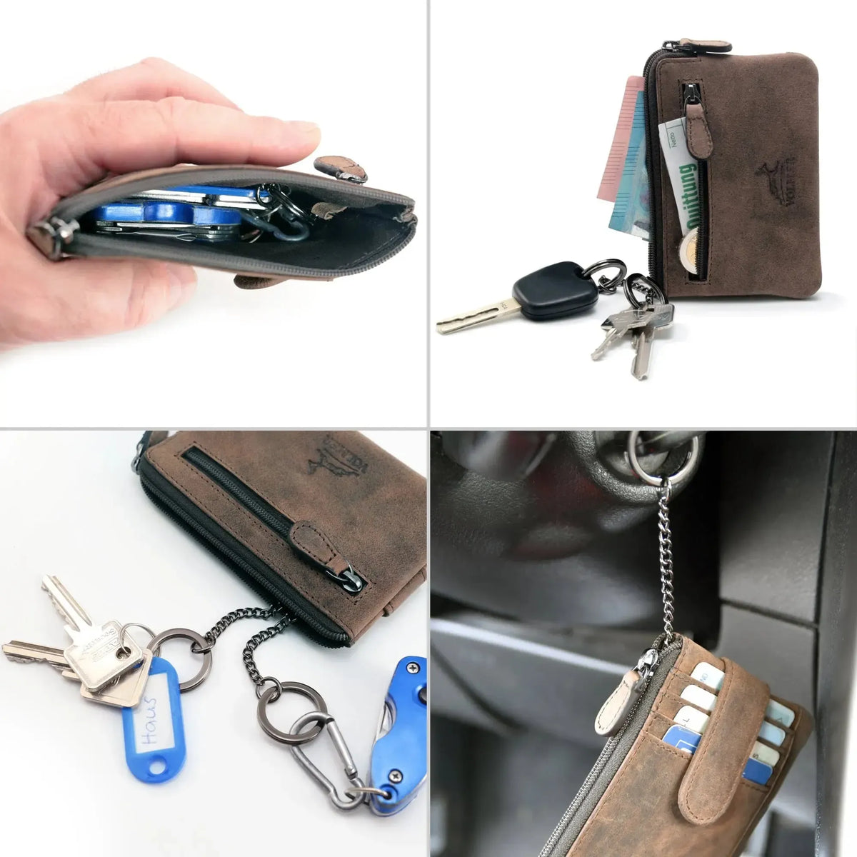 Schlüsseletui Leder mit 2 Schlüsselringen – 2 Fächer, Platz für 4 Karten mit RFID-Schutz – inkl. Geschenkbox | Keytcher