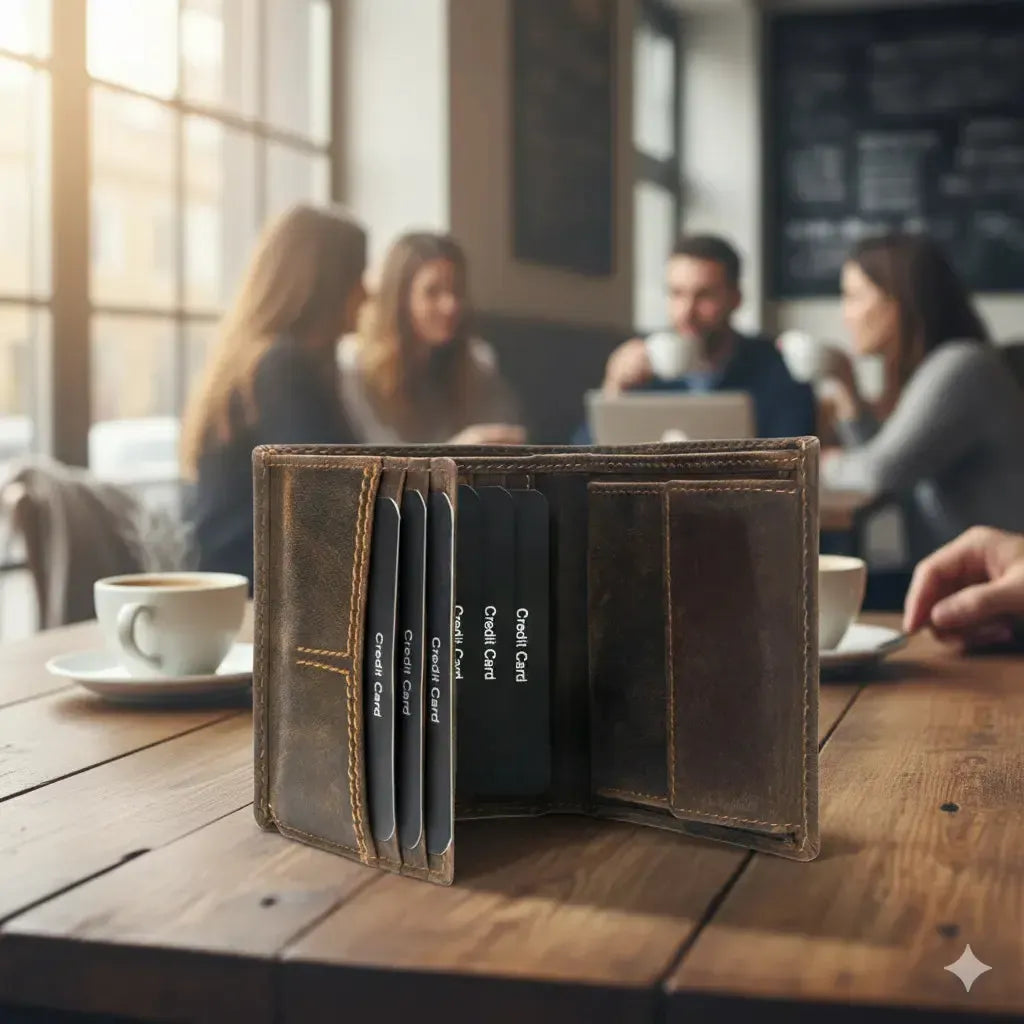 Leder Geldbörse Herren mit RFID-Schutz - kompakt mit Kontrastnähte - 9 Fächer für Kreditkarten | CityWalker