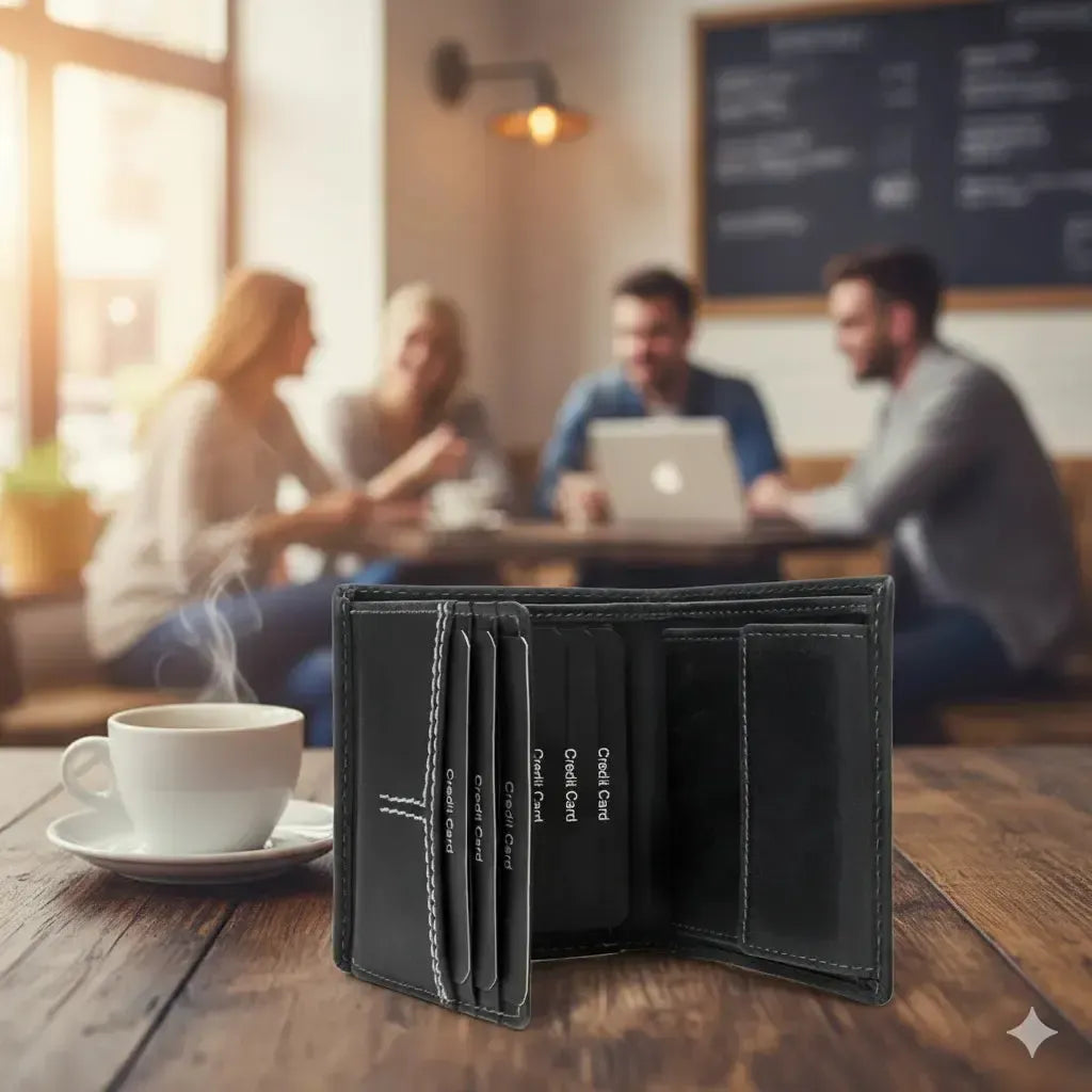 Leder Geldbörse Herren mit RFID-Schutz - kompakt mit Kontrastnähte - 9 Fächer für Kreditkarten | CityWalker