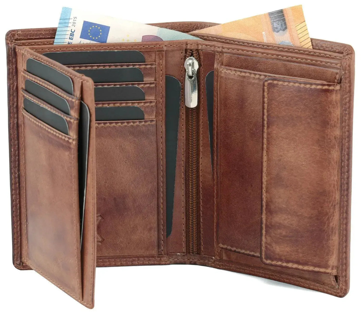 Portafoglio uomo in pelle con protezione RFID - doppia cucitura extra resistente - 11 scomparti per carte di credito - formato verticale | VO39