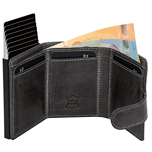 Fa.Volmer ® Étui à cartes POP-UP en cuir véritable avec/sans compartiment à pièces pour hommes & femmes | max. 11 cartes | Protection RFID | Portefeuille VO24/31