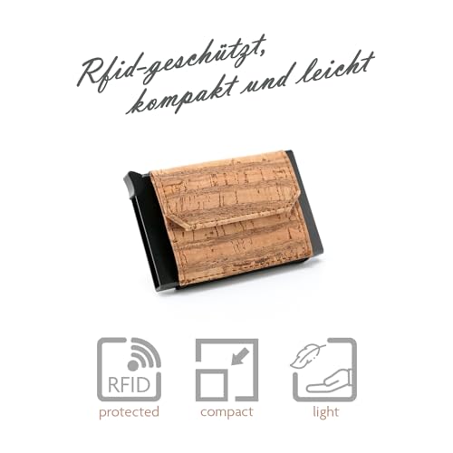 POP-UP kaarthouder met muntvak van kurk – RFID-bescherming – mini portemonnee met ruimte voor 8 kaarten | Vallejo
