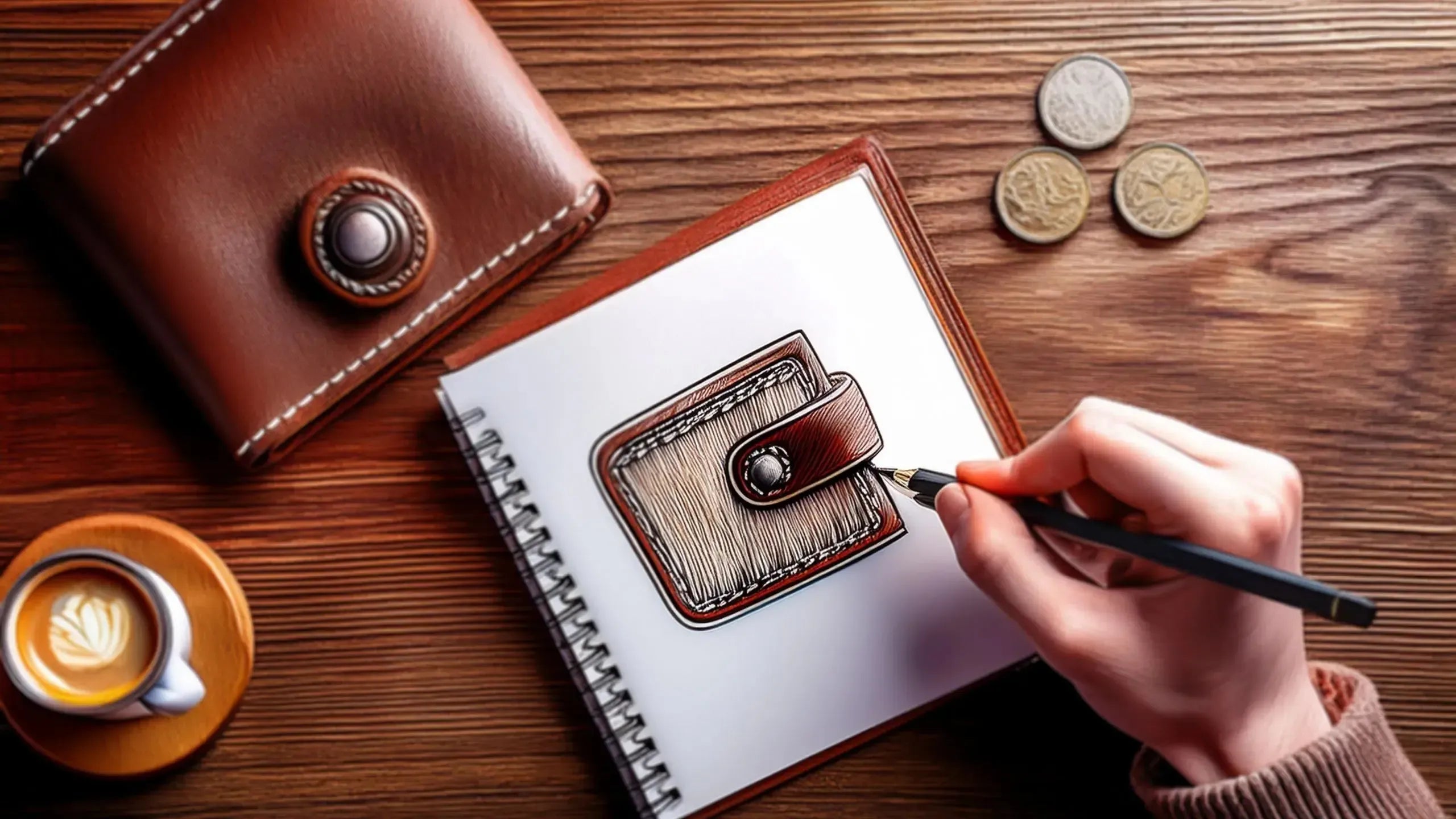 Skizze einer Geldbörse auf einem Notizblock