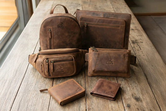 Geldbörsen und Taschen aus Hunter-Leder von Fa.Volmer auf einem Holztisch