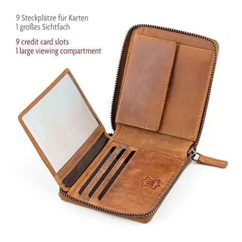 Cartera de cuero para hombre con protección RFID - cremallera perimetral - gran compartimento para monedas con soporte para ficha del carrito de la compra | VoZip