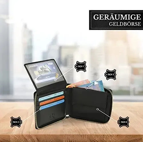 Cartera de cuero para hombre con protección RFID - cremallera perimetral - gran compartimento para monedas con soporte para ficha del carrito de la compra | VoZip