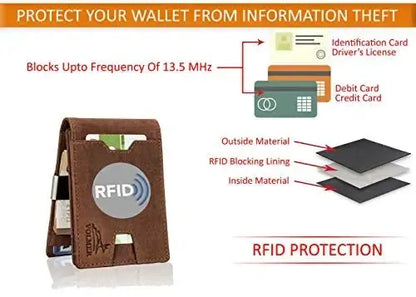 Portafoglio in pelle da uomo con protezione RFID e clip per soldi - 1 scomparto esterno per carta d'accesso - 9 scomparti per carte di credito | VO25C