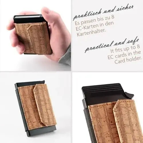 Estuche para tarjetas POP-UP con compartimento para monedas de corcho – Protección RFID – Mini billetera con espacio para 8 tarjetas | Vallejo