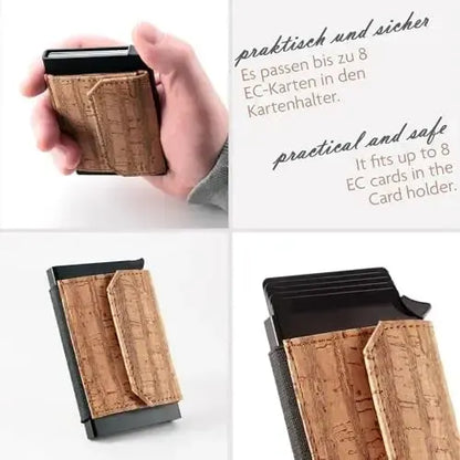 Estuche para tarjetas POP-UP con compartimento para monedas de corcho – Protección RFID – Mini billetera con espacio para 8 tarjetas | Vallejo