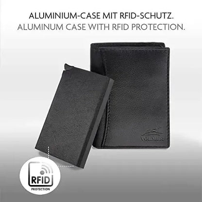 Estuche de tarjetas POP-UP con compartimento para monedas de cuero – espacio para 8 tarjetas – compartimento para billetes – protección RFID – incluye estuche de tarjetas desmontable | VO28