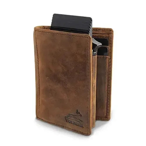 Estuche de tarjetas POP-UP con compartimento para monedas de cuero – espacio para 8 tarjetas – compartimento para billetes – protección RFID – incluye estuche de tarjetas desmontable | VO28