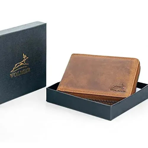Cartera de cuero para hombre con protección RFID - cremallera perimetral - gran compartimento para monedas con soporte para ficha del carrito de la compra | VoZip