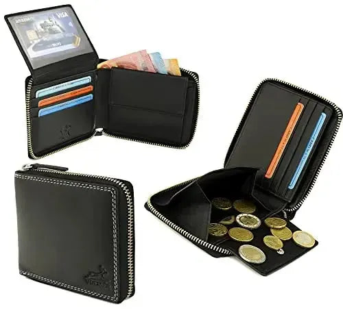 Cartera de cuero para hombre con protección RFID - cremallera perimetral - gran compartimento para monedas con soporte para ficha del carrito de la compra | VoZip