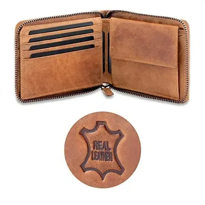 Cartera de cuero para hombre con protección RFID - cremallera perimetral - gran compartimento para monedas con soporte para ficha del carrito de la compra | VoZip