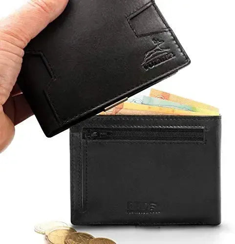 Portafoglio in pelle da uomo con protezione RFID e clip per soldi - 1 scomparto esterno per carta d'accesso - 9 scomparti per carte di credito | VO25C