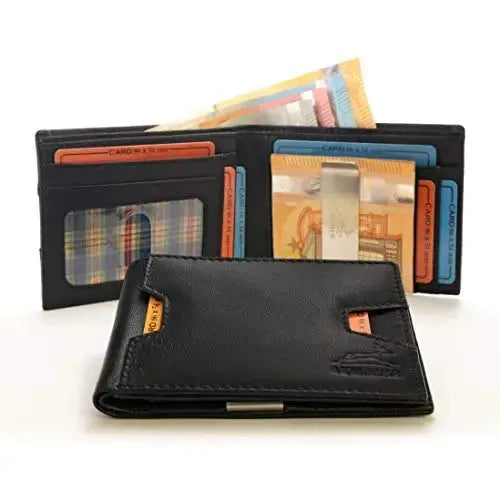 Portafoglio in pelle da uomo con protezione RFID e clip per soldi - 1 scomparto esterno per carta d'accesso - 9 scomparti per carte di credito | VO25C