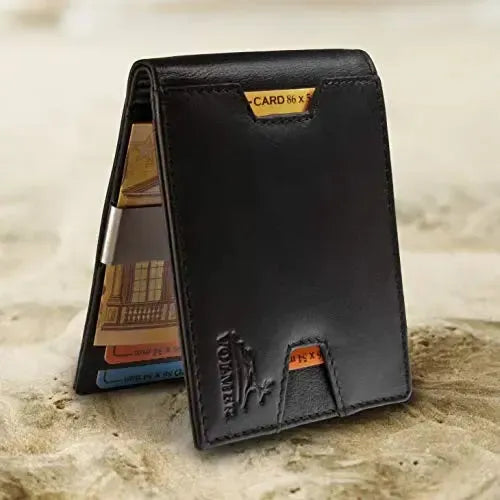 Portafoglio in pelle da uomo con protezione RFID e clip per soldi - 1 scomparto esterno per carta d'accesso - 9 scomparti per carte di credito | VO25C