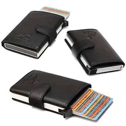 Estuche para tarjetas POP-UP de cuero – espacio para 11 tarjetas – compartimento para billetes – protección RFID | VO24
