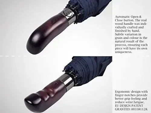 Automatik Taschen-Regenschirm mit Holzgriff – sturmfest & windsicher – Herren & Damen – Designed in Britain