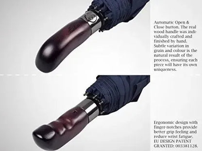 Automatik Taschen-Regenschirm mit Holzgriff – sturmfest & windsicher – Herren & Damen – Designed in Britain
