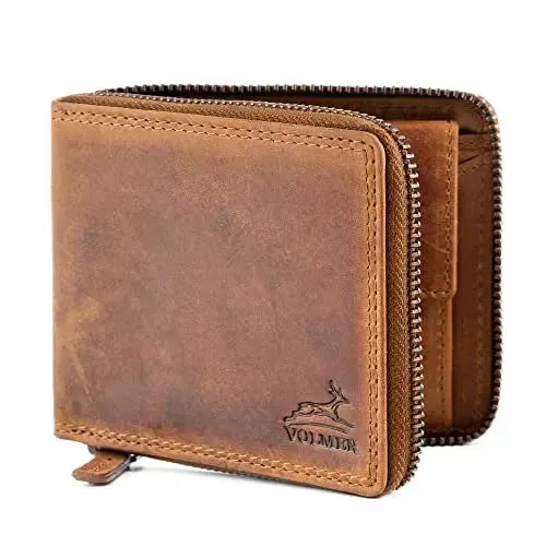 Cartera de cuero para hombre con protección RFID - cremallera perimetral - gran compartimento para monedas con soporte para ficha del carrito de la compra | VoZip