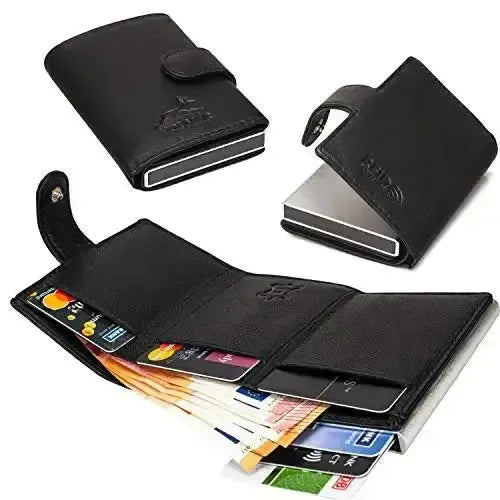 Estuche para tarjetas POP-UP de cuero – espacio para 11 tarjetas – compartimento para billetes – protección RFID | VO24