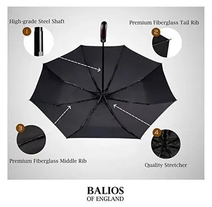Automatik Taschen-Regenschirm mit Holzgriff – sturmfest & windsicher – Herren & Damen – Designed in Britain