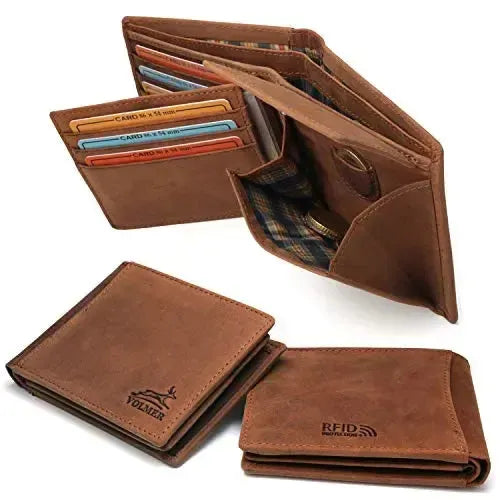 Cartera de cuero para hombre con protección RFID - 2 compartimentos exteriores para tarjetas de acceso - 6 compartimentos para tarjetas de crédito | VO22