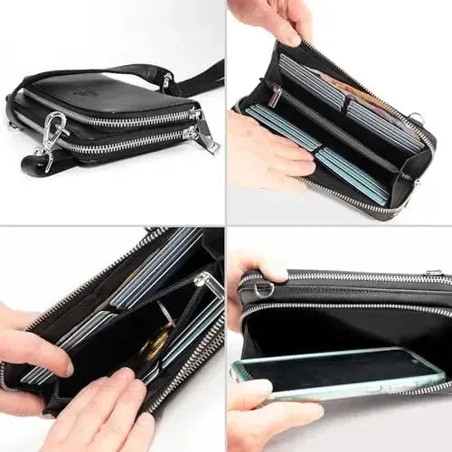 Women's genuine leather wallet with phone compartment & RFID protection – detachable shoulder strap | Model Verona