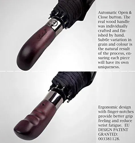Automatik Taschen-Regenschirm mit Holzgriff – sturmfest & windsicher – Herren & Damen – Designed in Britain