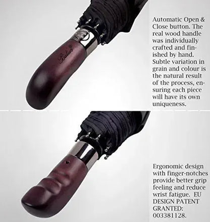 Automatik Taschen-Regenschirm mit Holzgriff – sturmfest & windsicher – Herren & Damen – Designed in Britain