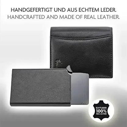 Estuche de tarjetas POP-UP con compartimento para monedas de cuero – espacio para 8 tarjetas – compartimento para billetes – protección RFID – incluye estuche de tarjetas desmontable | VO28